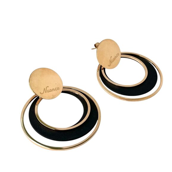 Elegant Gold & Black Hoop Earrings Statement Fashion Jewelry Unique Chic Trendy - Picture 3 of 5